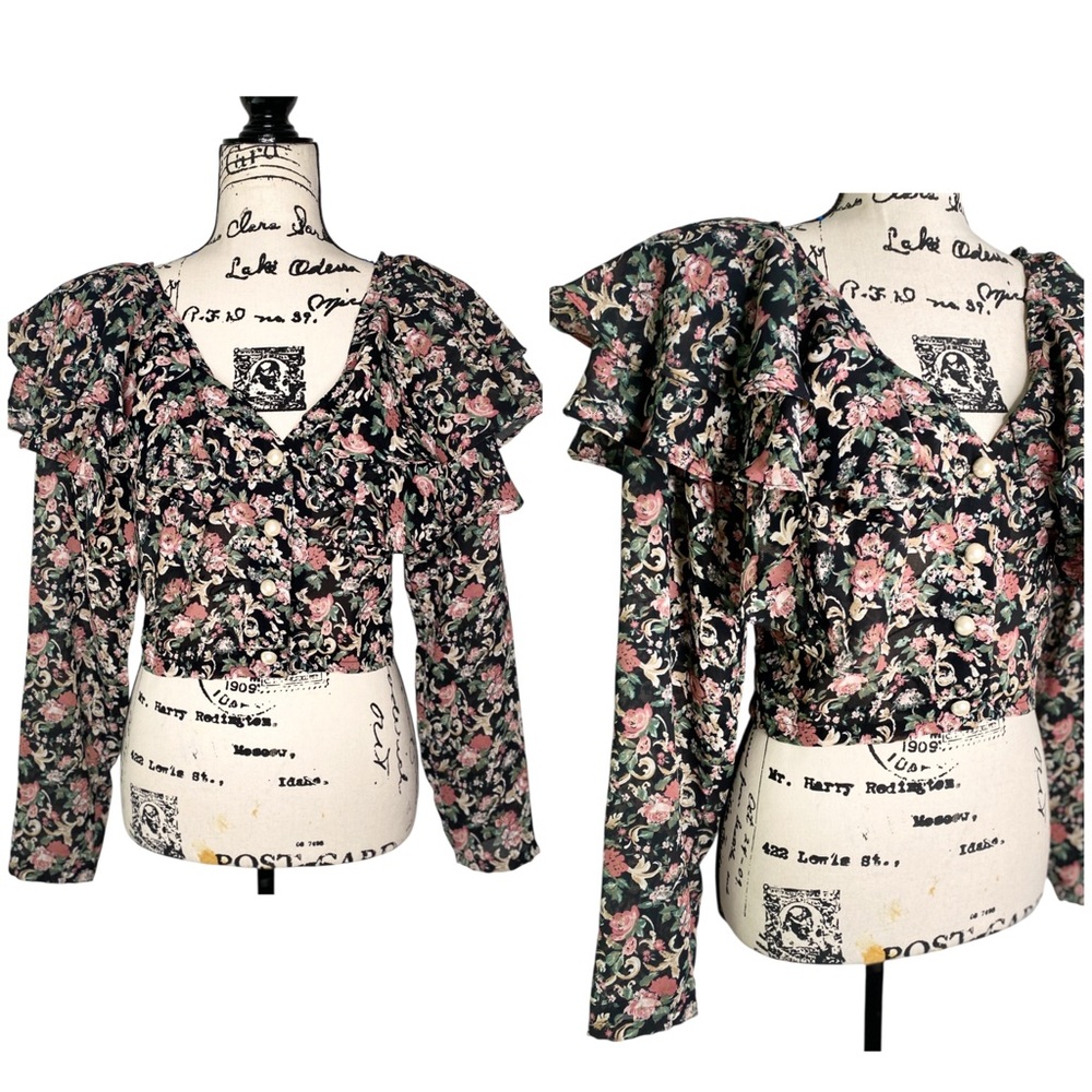 Fantaseas Collection Vintage 80s Floral Georgette Ruffle Crop Top SZ Medium
